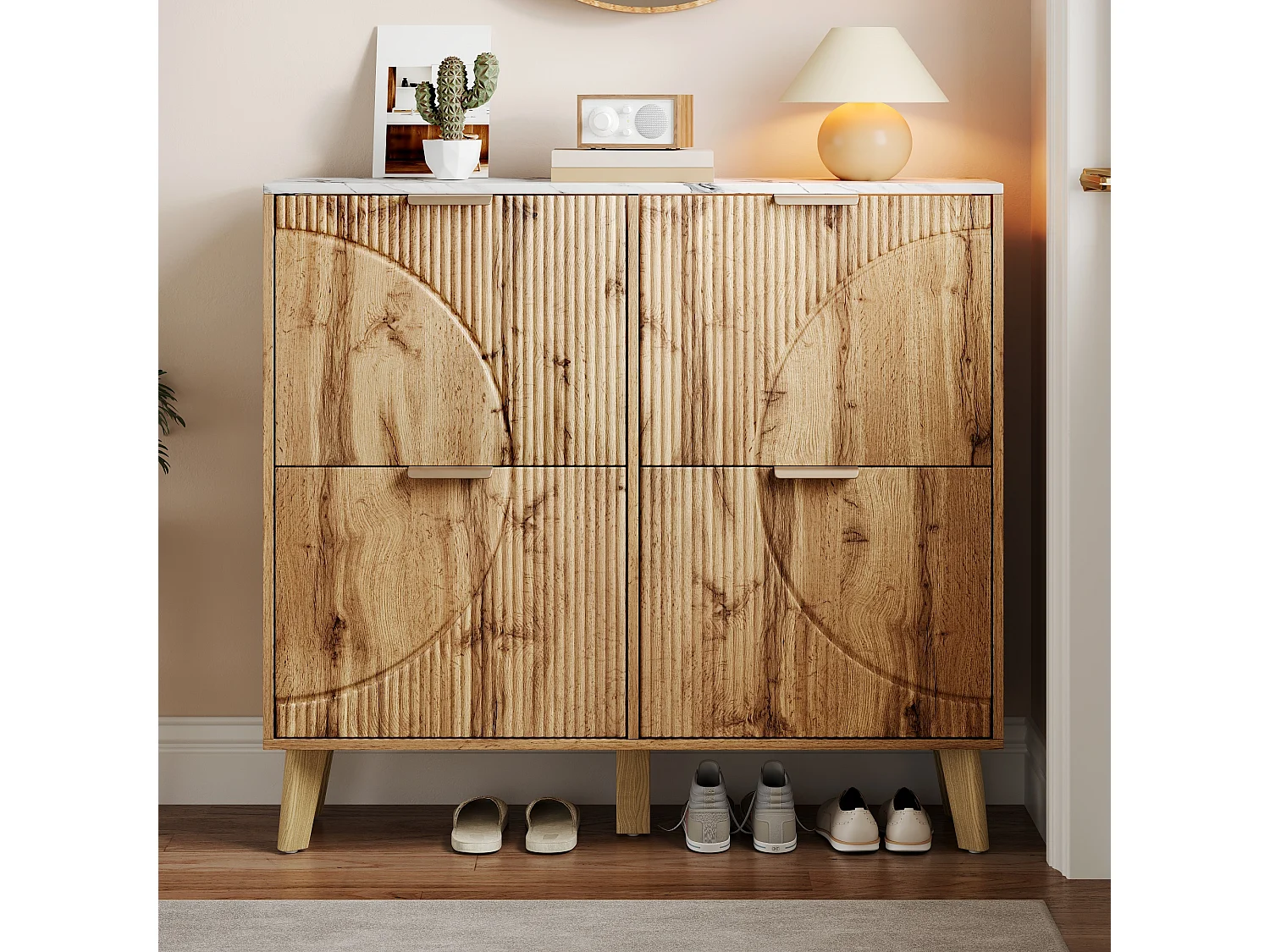 Schuhschrank in Holzoptik – 105 x 24 x 95,5 cm – mit 4 Türen – Arbeitsplatte in Marmoroptik – MDF – natur