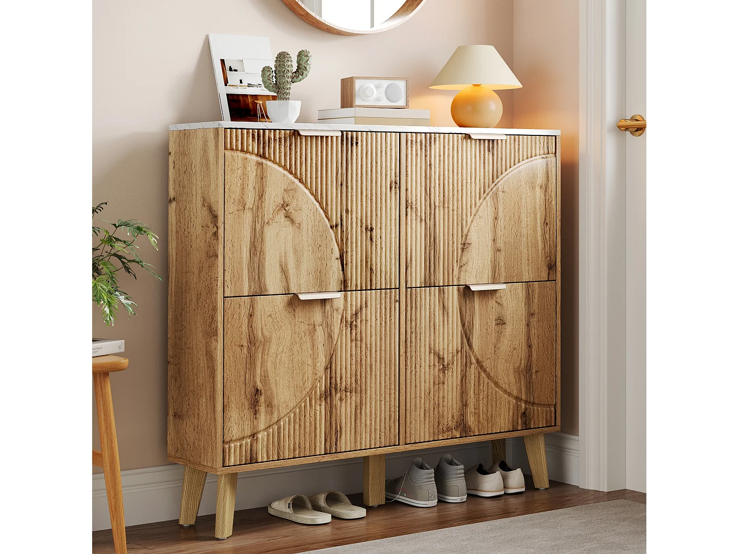 Schuhschrank in Holzoptik – 105 x 24 x 95,5 cm – mit 4 Türen – Arbeitsplatte in Marmoroptik – MDF – natur