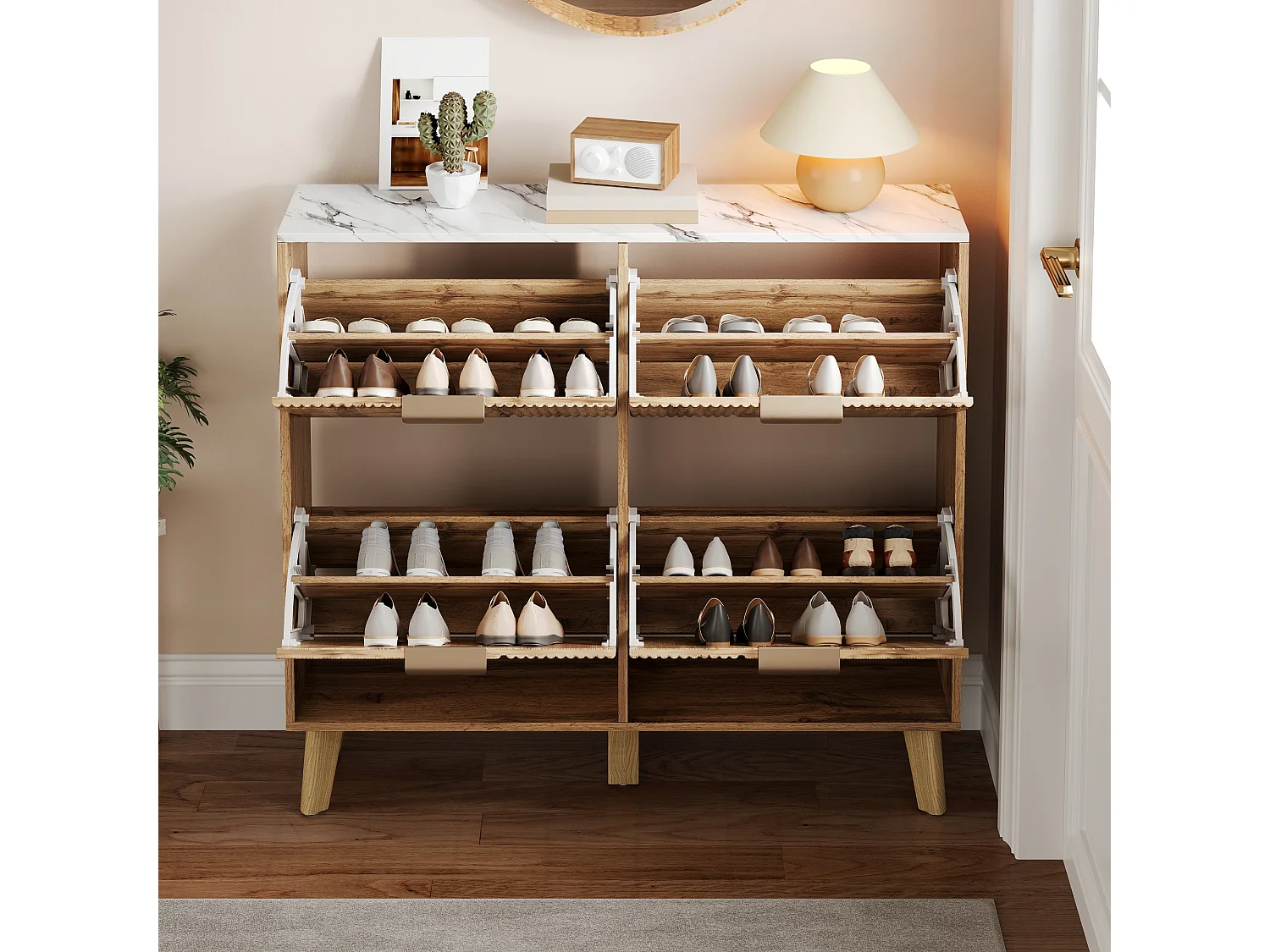 Schuhschrank in Holzoptik – 105 x 24 x 95,5 cm – mit 4 Türen – Arbeitsplatte in Marmoroptik – MDF – natur