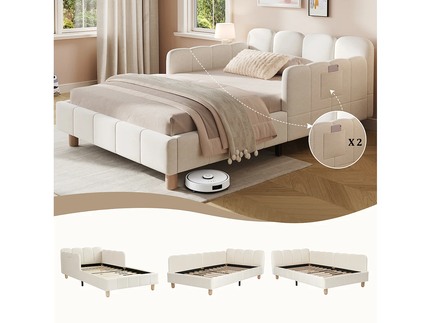 Letto imbottito per bambini - 90 x 200 cm - con testiera e sponda di sicurezza - gambe in legno massello - velluto - beige