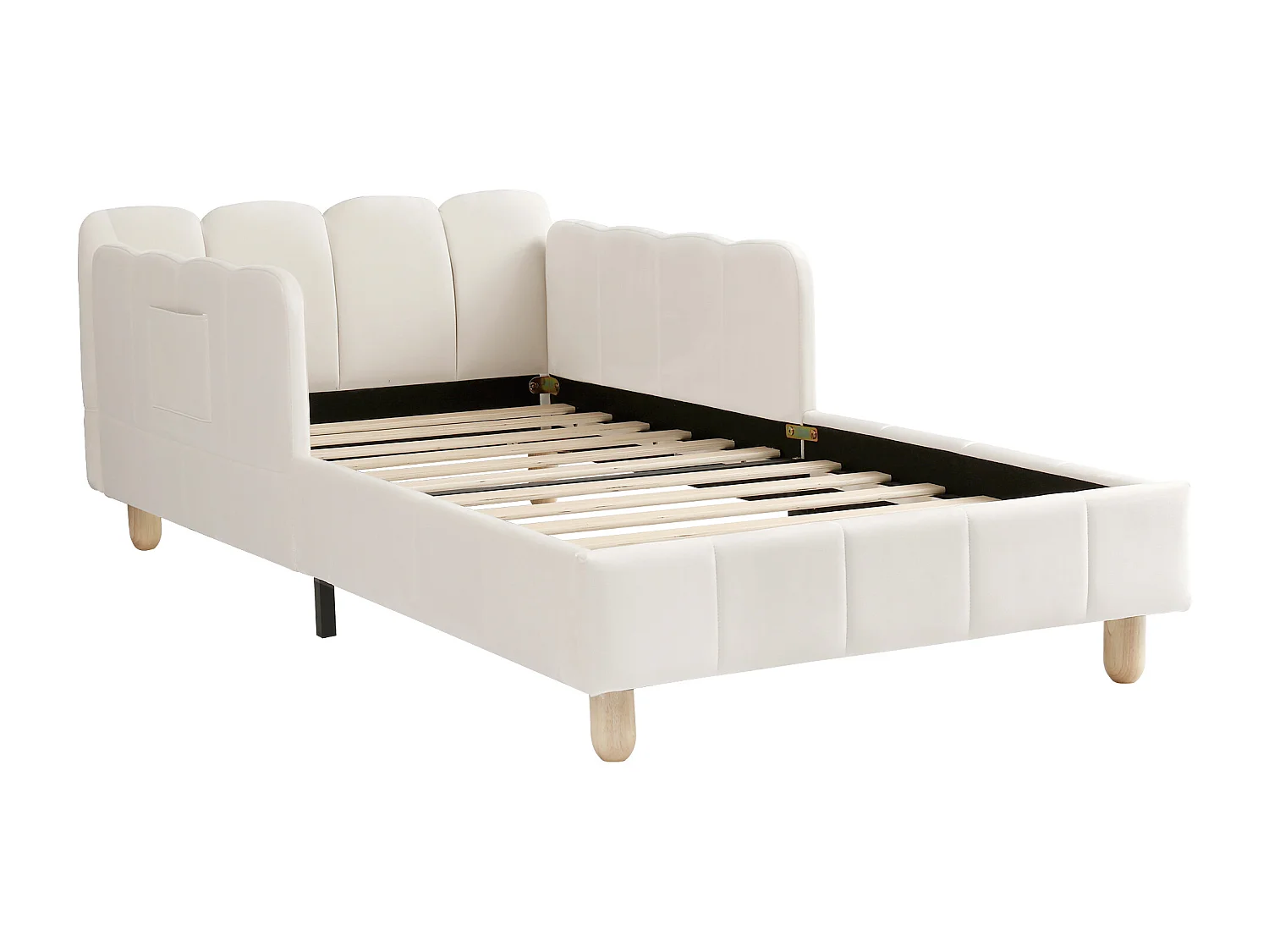 Letto imbottito per bambini - 90 x 200 cm - con testiera e sponda di sicurezza - gambe in legno massello - velluto - beige