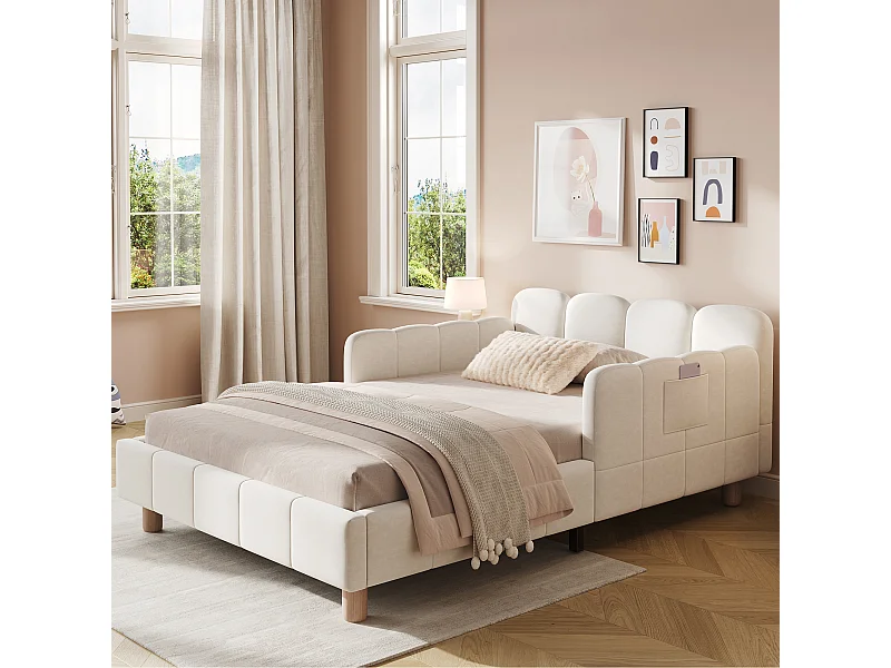 Lit capitonné pour enfant - 90 x 200 cm - avec tête de lit + barrière de sécurité - pieds en bois massif - velours - beige