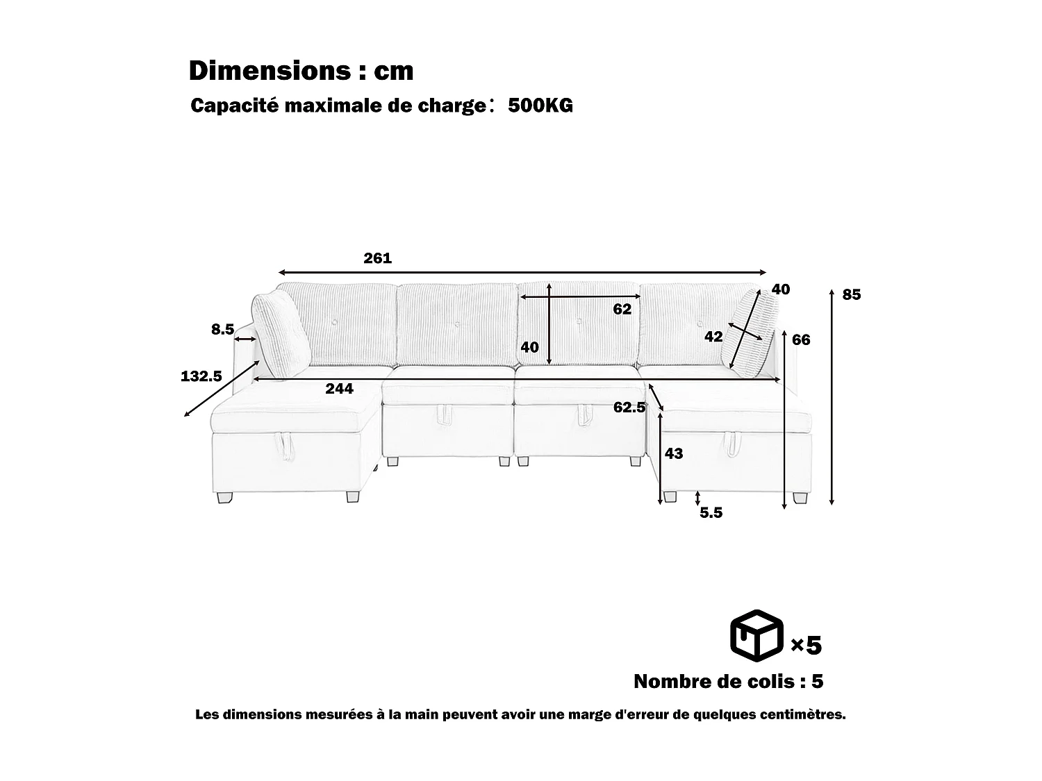 Narożnik modułowy 6-osobowy - 261 x 132,5 x 85 cm - z podnóżkiem ze schowkiem + poduszki - welur - beżowy