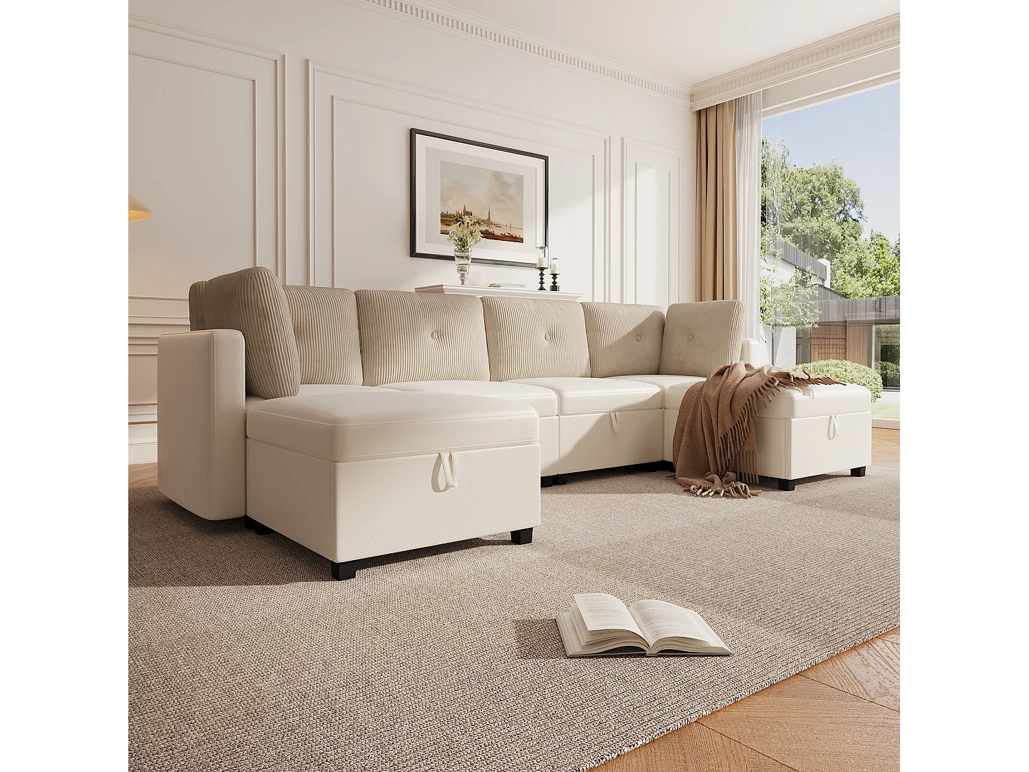 Narożnik modułowy 6-osobowy - 261 x 132,5 x 85 cm - z podnóżkiem ze schowkiem + poduszki - welur - beżowy