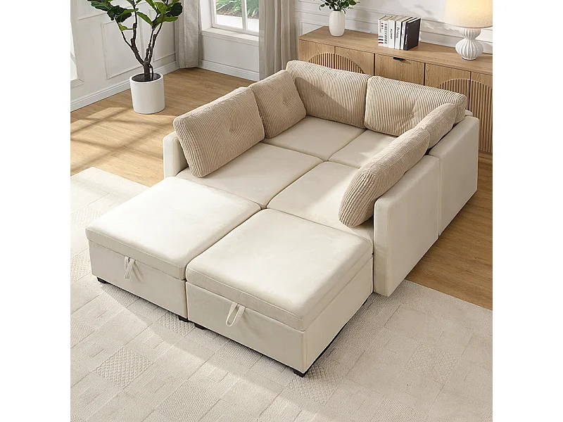 Narożnik modułowy 6-osobowy - 261 x 132,5 x 85 cm - z podnóżkiem ze schowkiem + poduszki - welur - beżowy