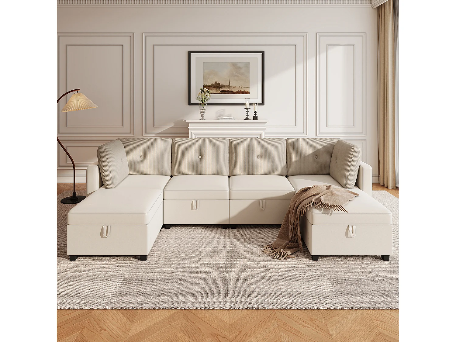 Narożnik modułowy 6-osobowy - 261 x 132,5 x 85 cm - z podnóżkiem ze schowkiem + poduszki - welur - beżowy