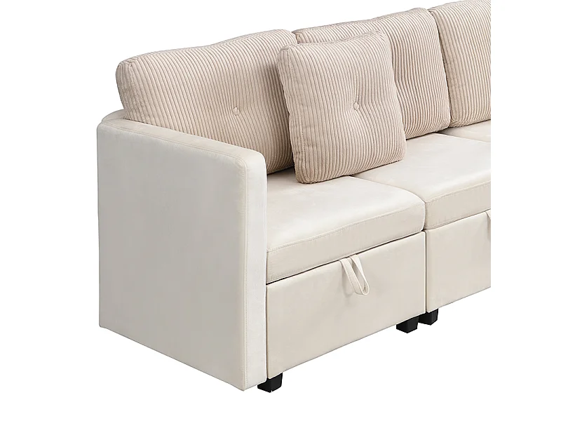 Narożnik modułowy 6-osobowy - 261 x 132,5 x 85 cm - z podnóżkiem ze schowkiem + poduszki - welur - beżowy