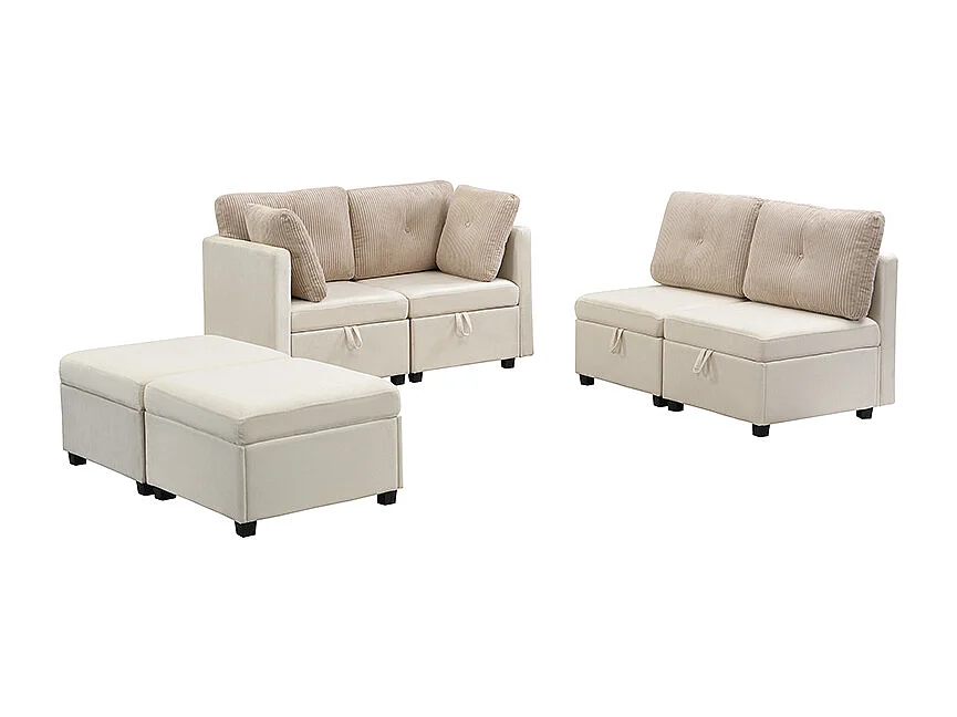 Narożnik modułowy 6-osobowy - 261 x 132,5 x 85 cm - z podnóżkiem ze schowkiem + poduszki - welur - beżowy