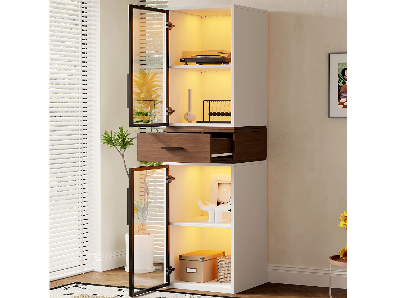 Moderne Vitrine – 40 x 40 x 200 cm – mit 2 Glastüren, LED-Beleuchtung und 1 Schublade – MDF – weiß