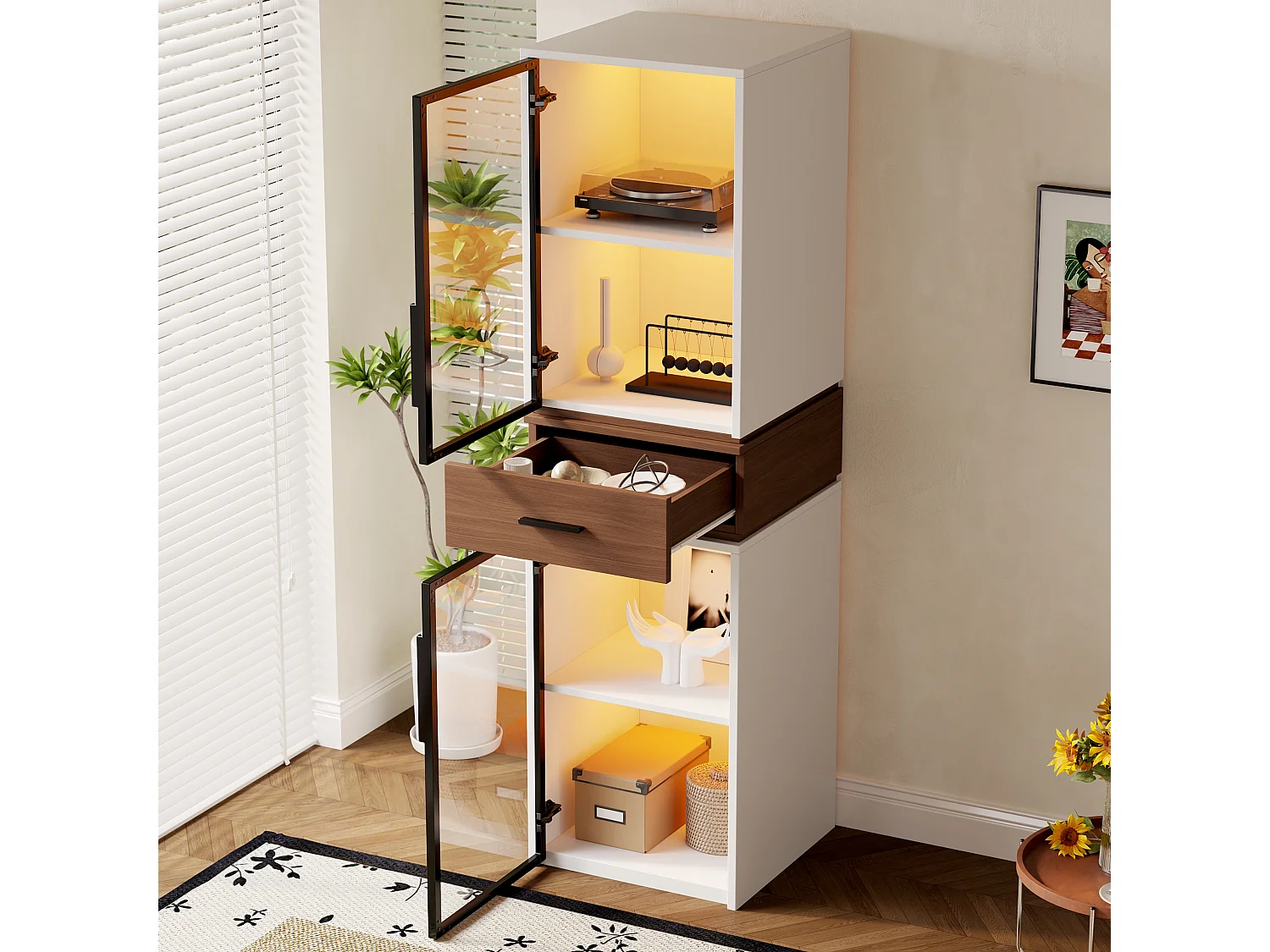 Moderne Vitrine – 40 x 40 x 200 cm – mit 2 Glastüren, LED-Beleuchtung und 1 Schublade – MDF – weiß