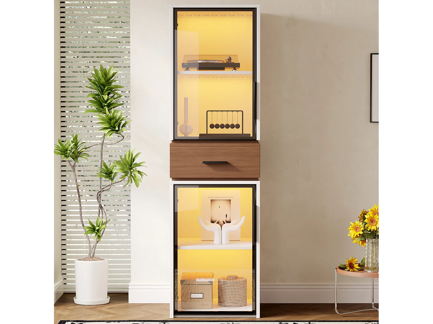 Moderne Vitrine – 40 x 40 x 200 cm – mit 2 Glastüren, LED-Beleuchtung und 1 Schublade – MDF – weiß