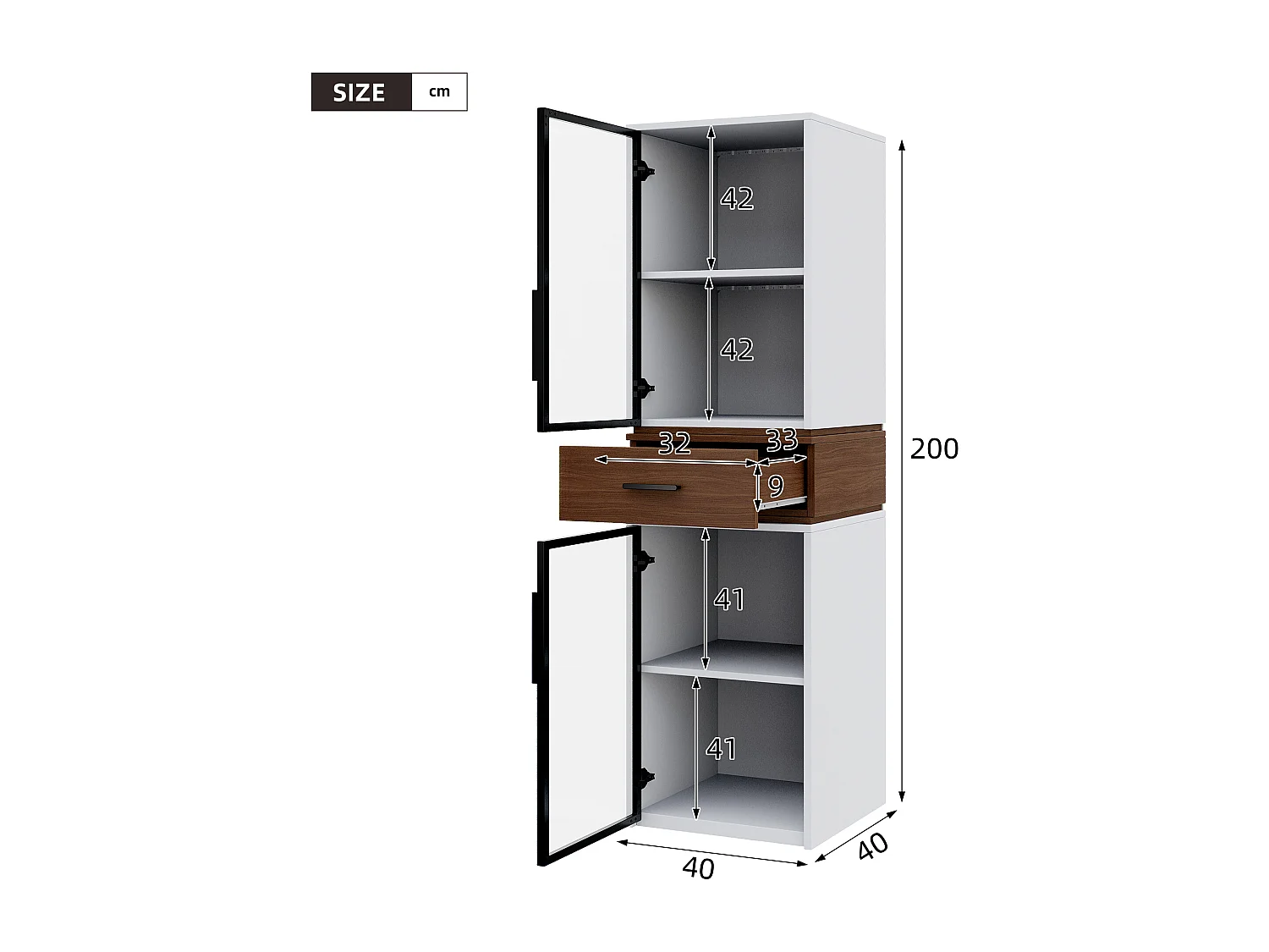 Moderne Vitrine – 40 x 40 x 200 cm – mit 2 Glastüren, LED-Beleuchtung und 1 Schublade – MDF – weiß
