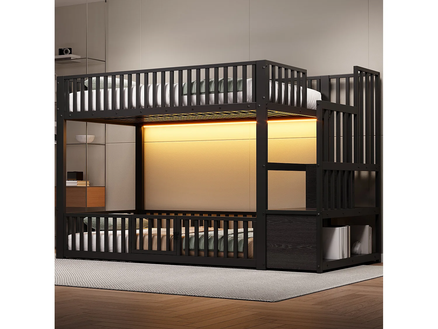 Kinder-Etagenbett – 2 x 90 x 200 cm – mit Leiter und Stauraum + LEDs – MDF + Metall – schwarz