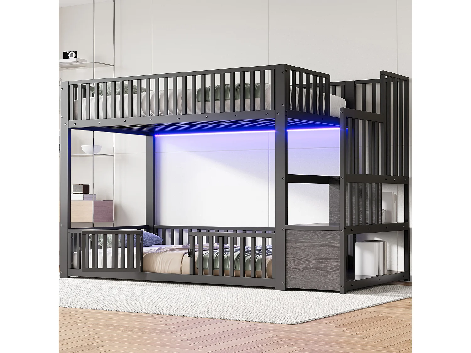 Kinder-Etagenbett – 2 x 90 x 200 cm – mit Leiter und Stauraum + LEDs – MDF + Metall – schwarz