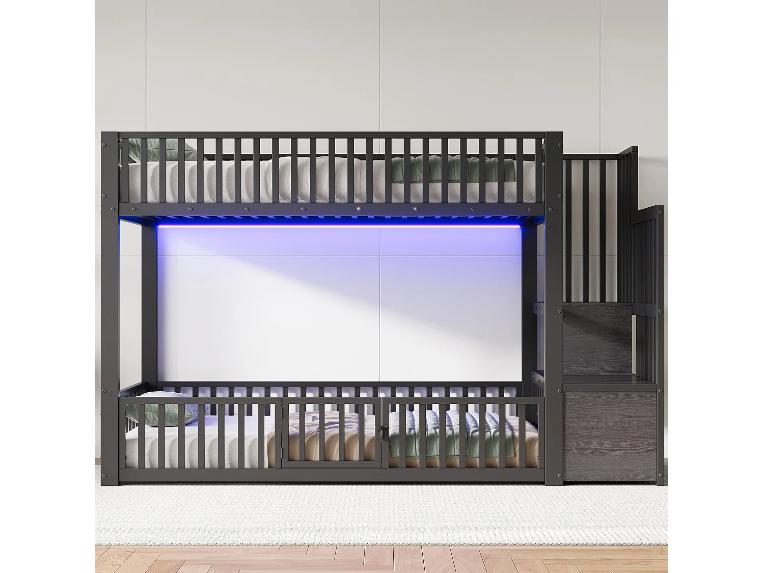 Kinder-Etagenbett – 2 x 90 x 200 cm – mit Leiter und Stauraum + LEDs – MDF + Metall – schwarz