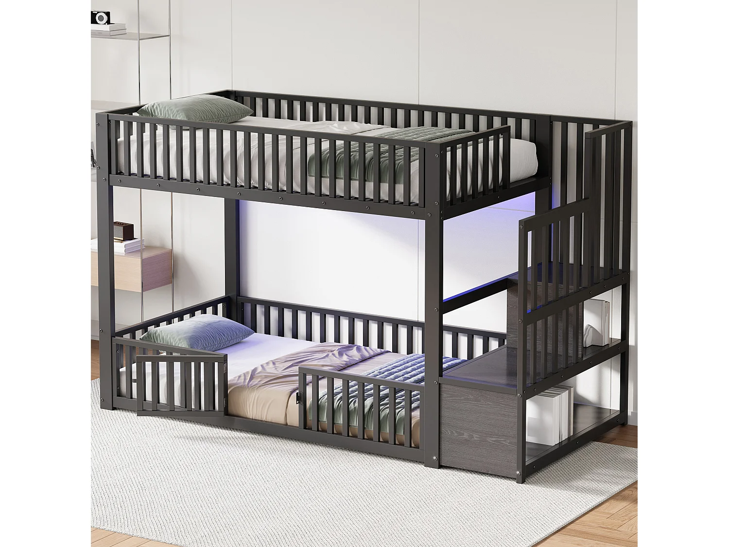 Kinder-Etagenbett – 2 x 90 x 200 cm – mit Leiter und Stauraum + LEDs – MDF + Metall – schwarz