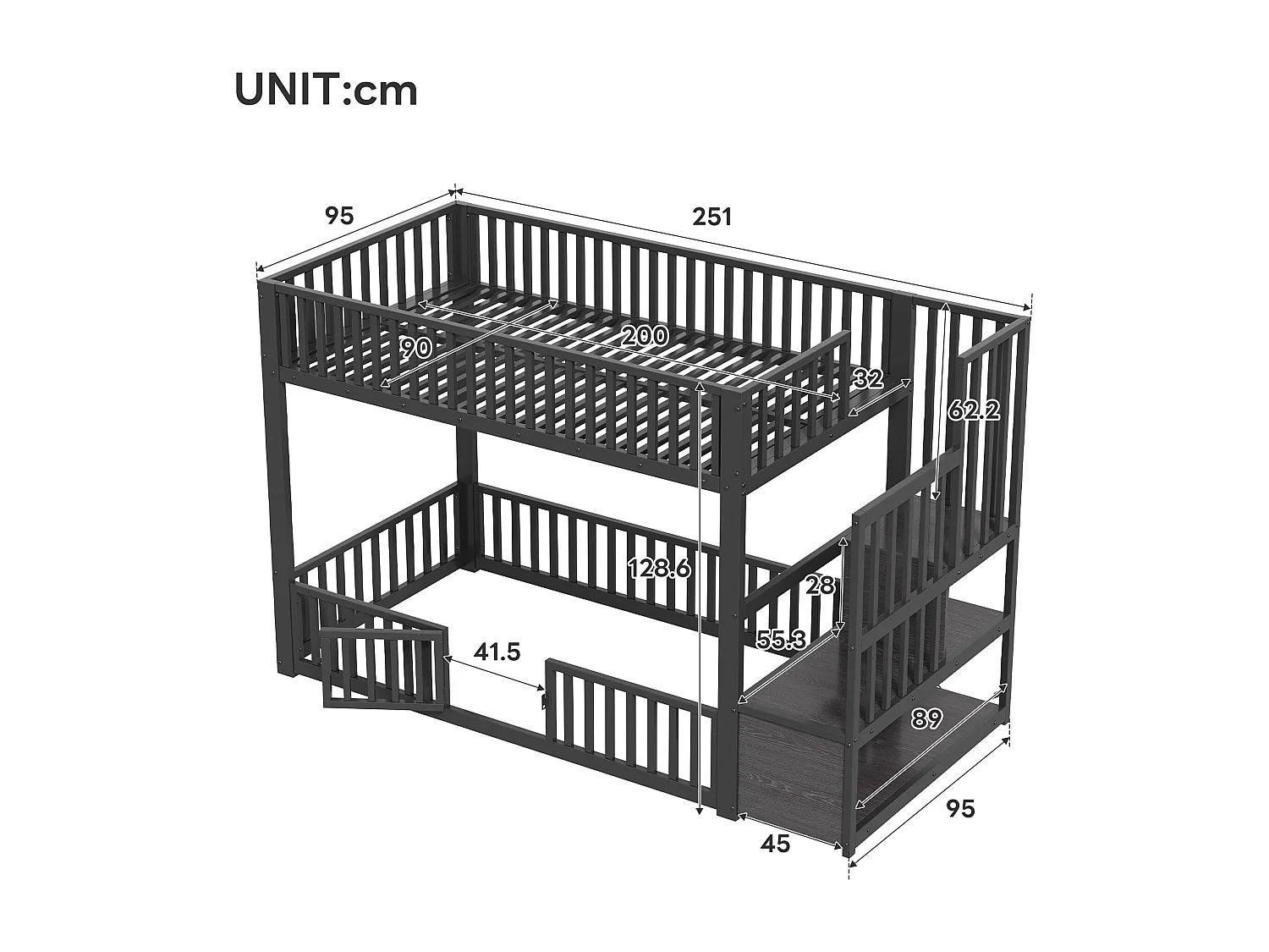 Kinder-Etagenbett – 2 x 90 x 200 cm – mit Leiter und Stauraum + LEDs – MDF + Metall – schwarz