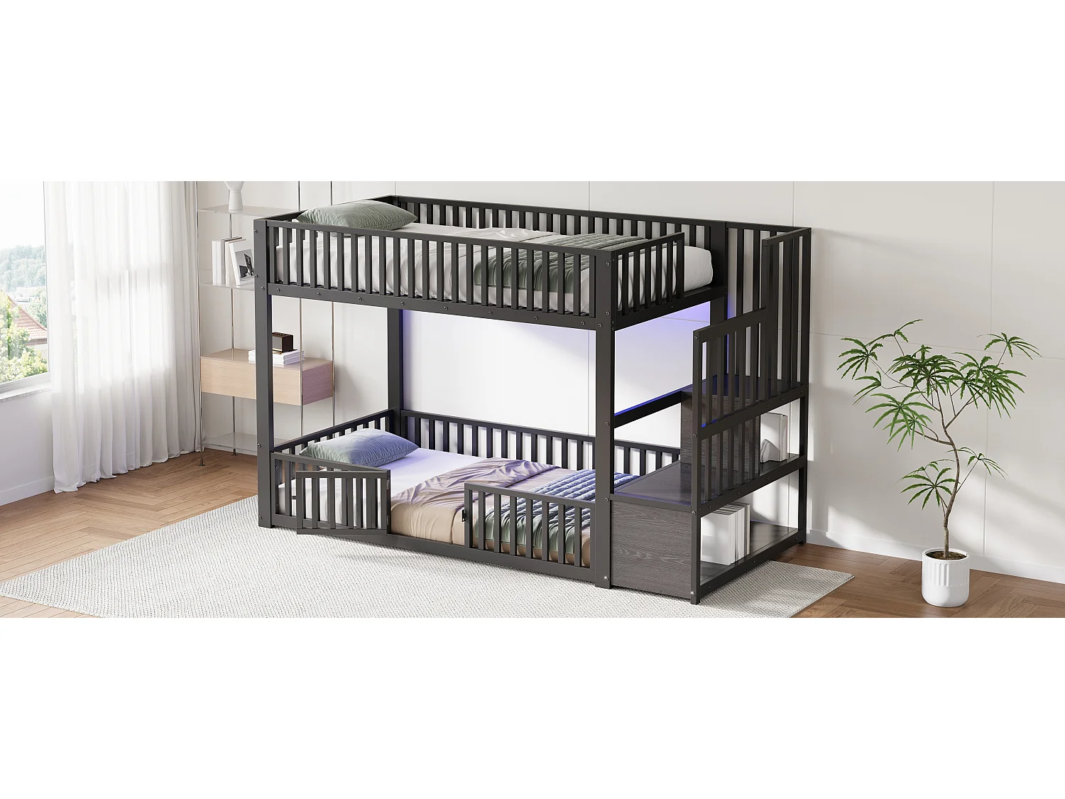 Kinder-Etagenbett – 2 x 90 x 200 cm – mit Leiter und Stauraum + LEDs – MDF + Metall – schwarz