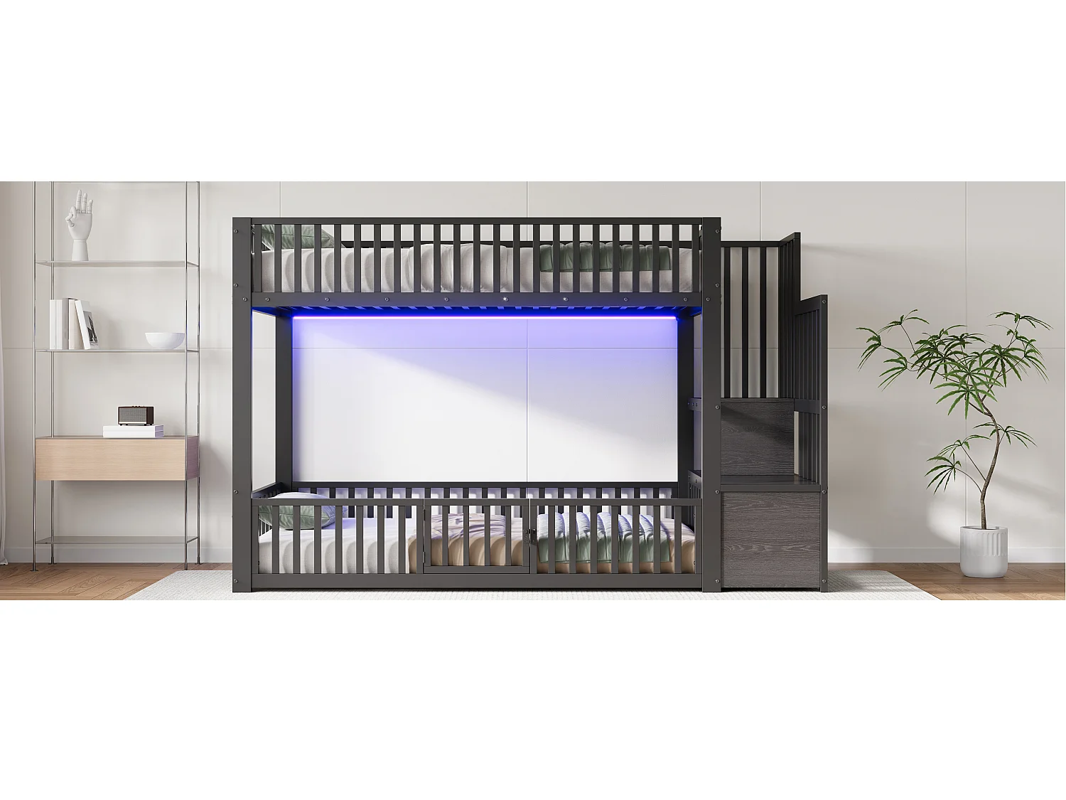 Kinder-Etagenbett – 2 x 90 x 200 cm – mit Leiter und Stauraum + LEDs – MDF + Metall – schwarz