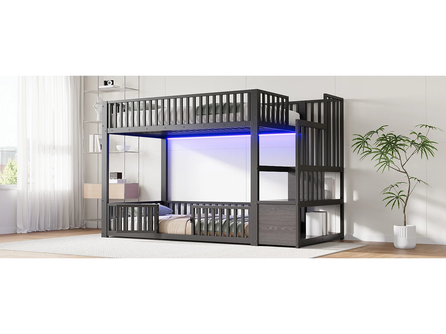 Kinder-Etagenbett – 2 x 90 x 200 cm – mit Leiter und Stauraum + LEDs – MDF + Metall – schwarz
