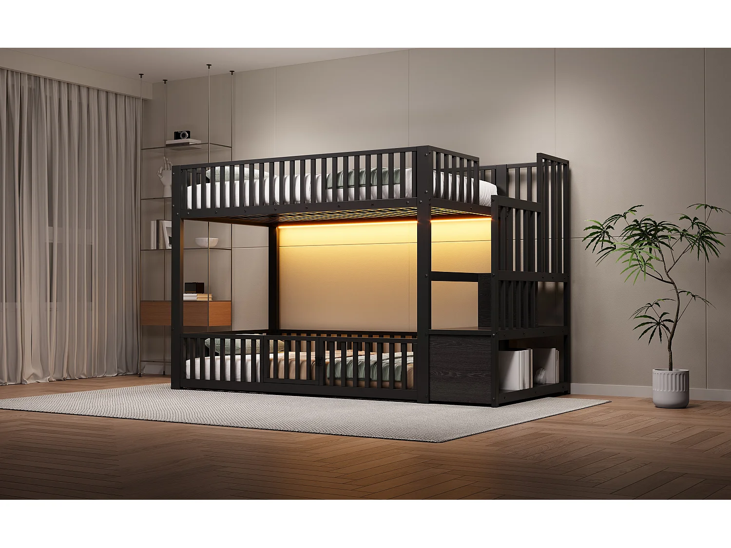 Kinder-Etagenbett – 2 x 90 x 200 cm – mit Leiter und Stauraum + LEDs – MDF + Metall – schwarz