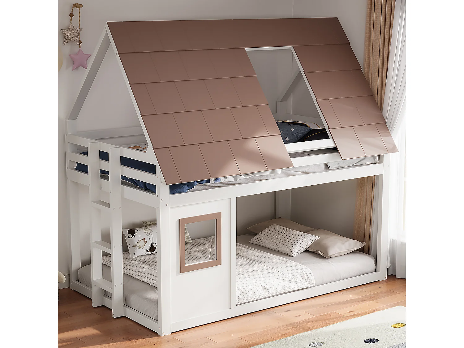 Lit superposé pour enfant - 140 x 200 cm - avec toit + échelle - MDF + bois -  blanc et marron