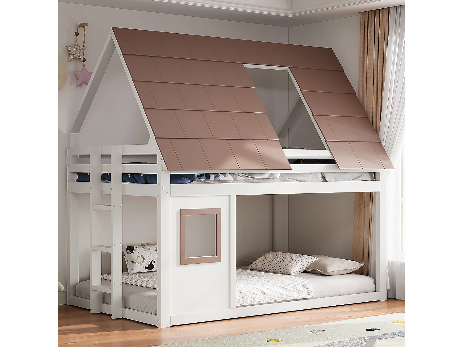 Lit superposé pour enfant - 140 x 200 cm - avec toit + échelle - MDF + bois -  blanc et marron