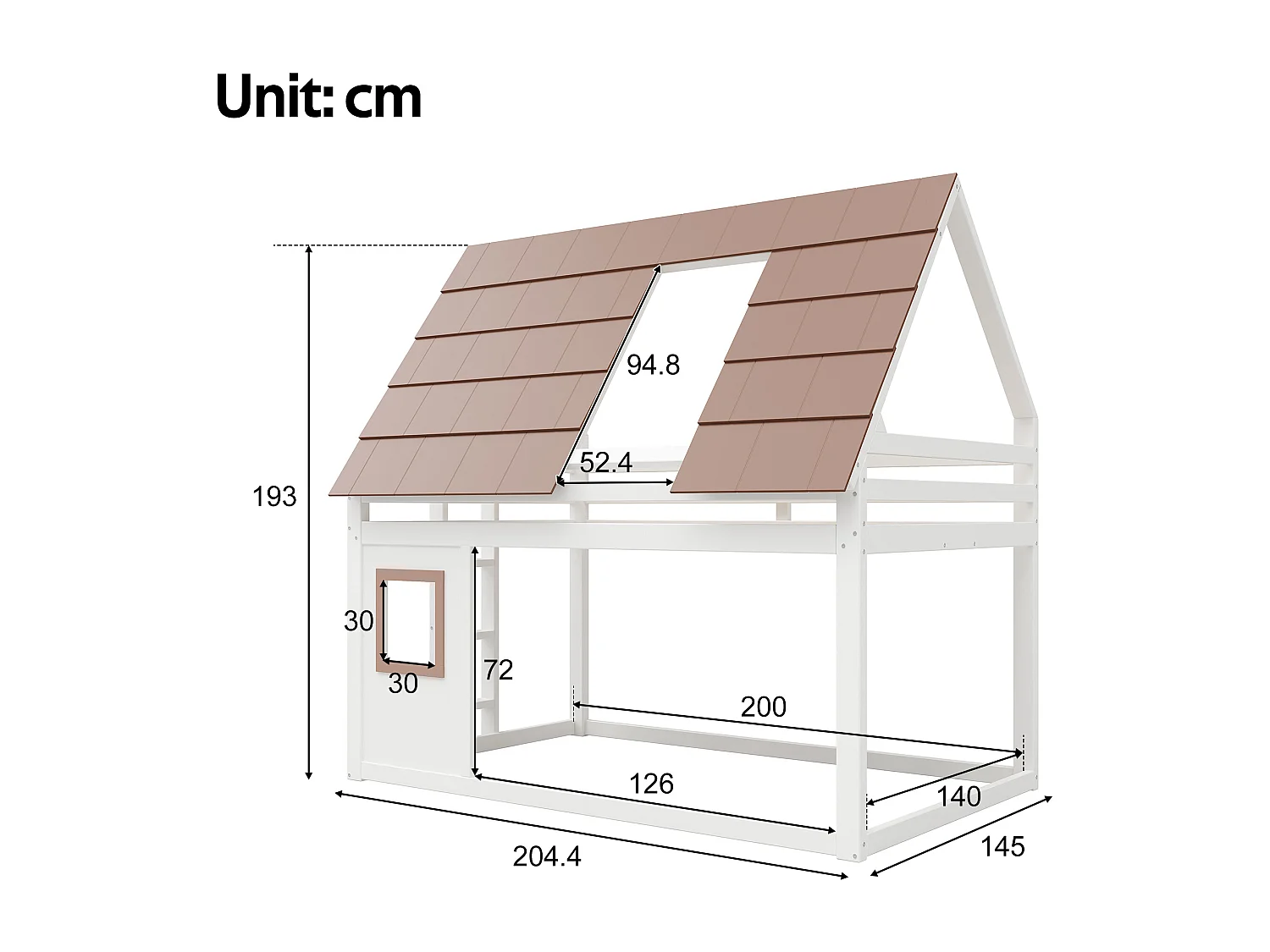 Lit superposé pour enfant - 140 x 200 cm - avec toit + échelle - MDF + bois -  blanc et marron