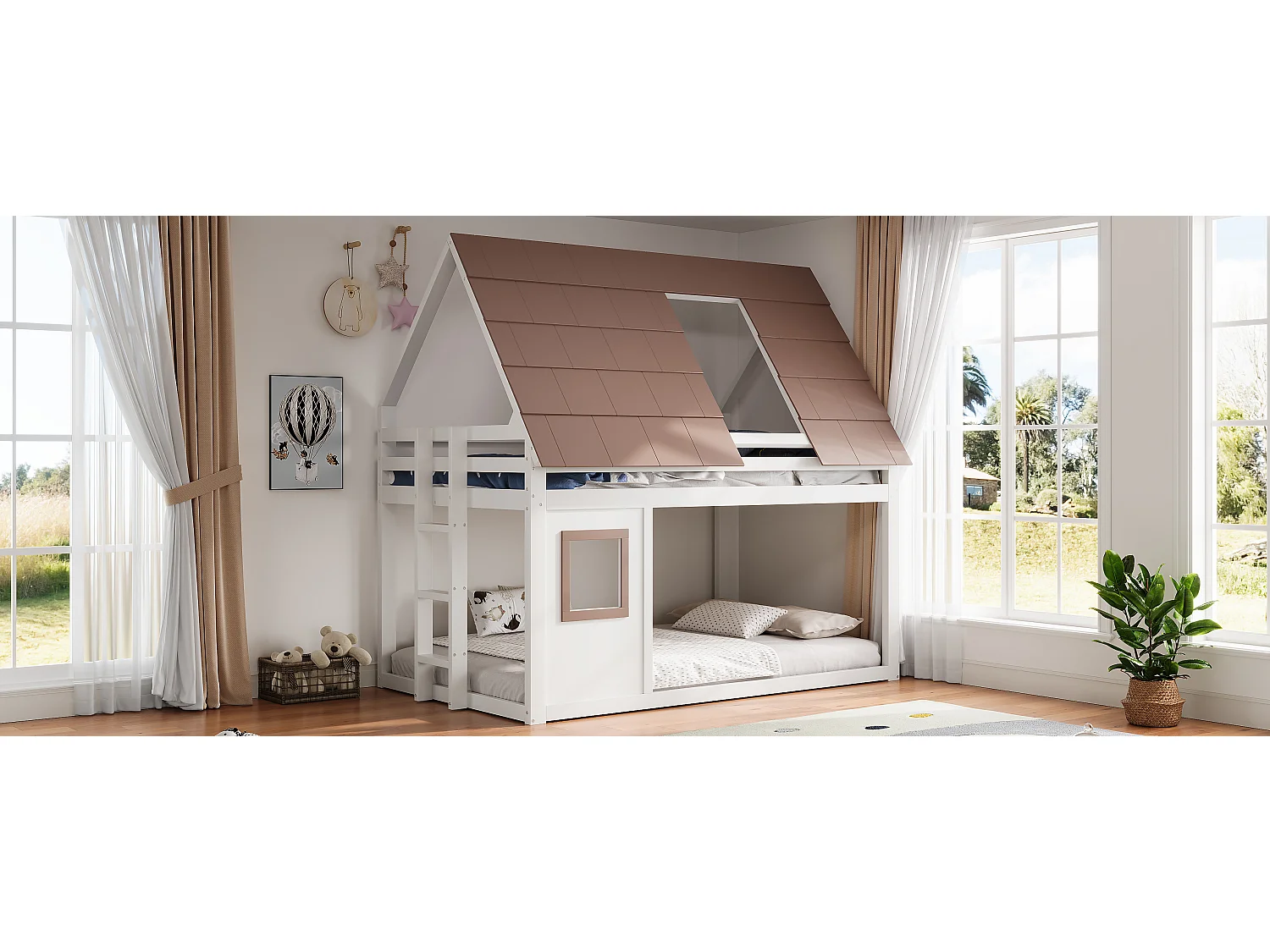 Lit superposé pour enfant - 140 x 200 cm - avec toit + échelle - MDF + bois -  blanc et marron