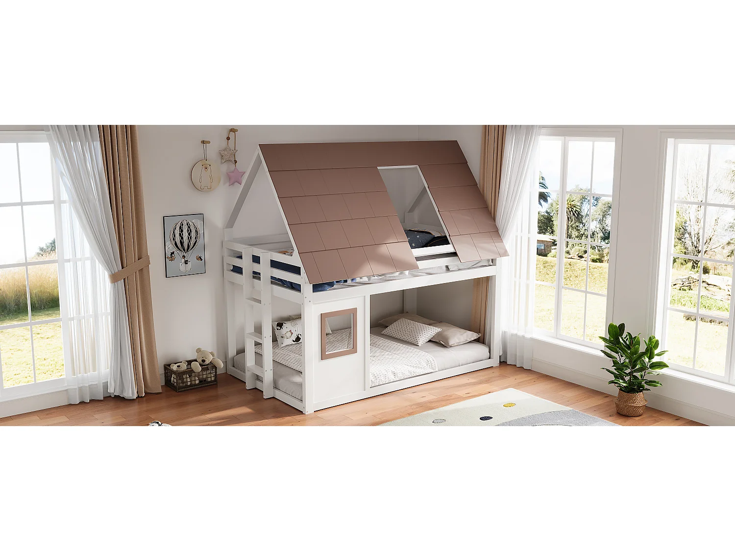 Lit superposé pour enfant - 140 x 200 cm - avec toit + échelle - MDF + bois -  blanc et marron