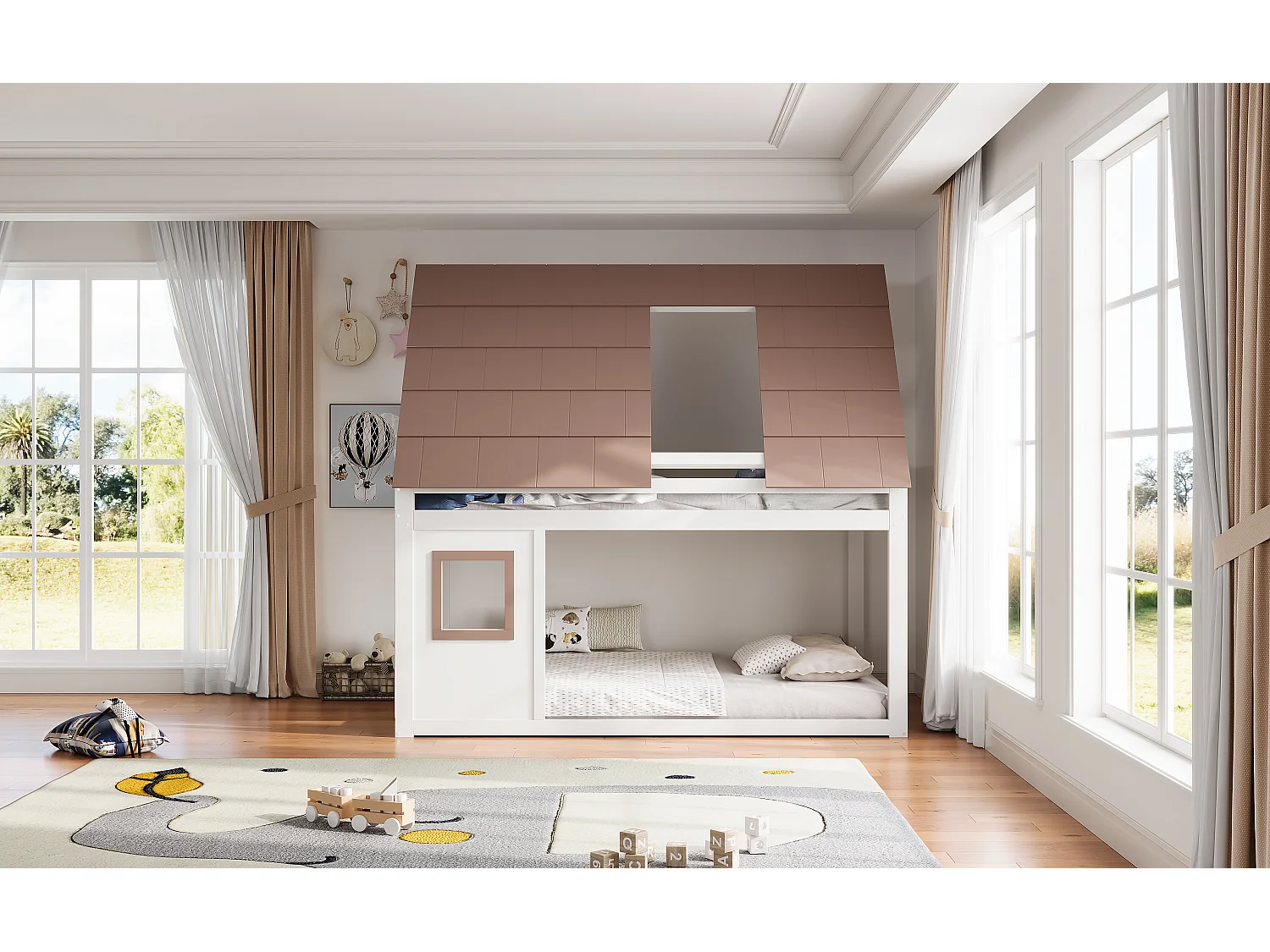 Lit superposé pour enfant - 140 x 200 cm - avec toit + échelle - MDF + bois -  blanc et marron