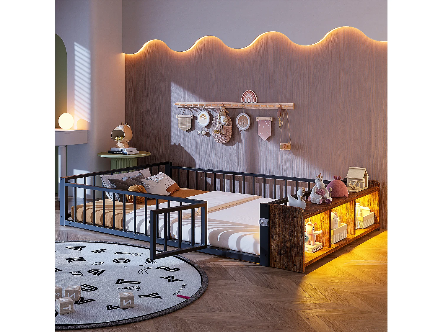 Flaches Metallbett für Kinder – 140 x 200 cm – mit Sicherheitsgitter, Stauraum und LED-Beleuchtung – MDF und Metall – schwarz