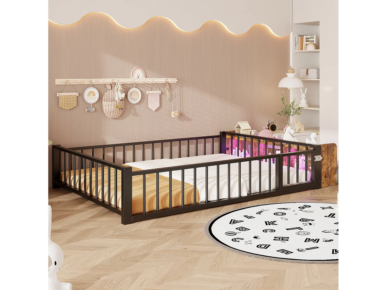 Flaches Metallbett für Kinder – 140 x 200 cm – mit Sicherheitsgitter, Stauraum und LED-Beleuchtung – MDF und Metall – schwarz