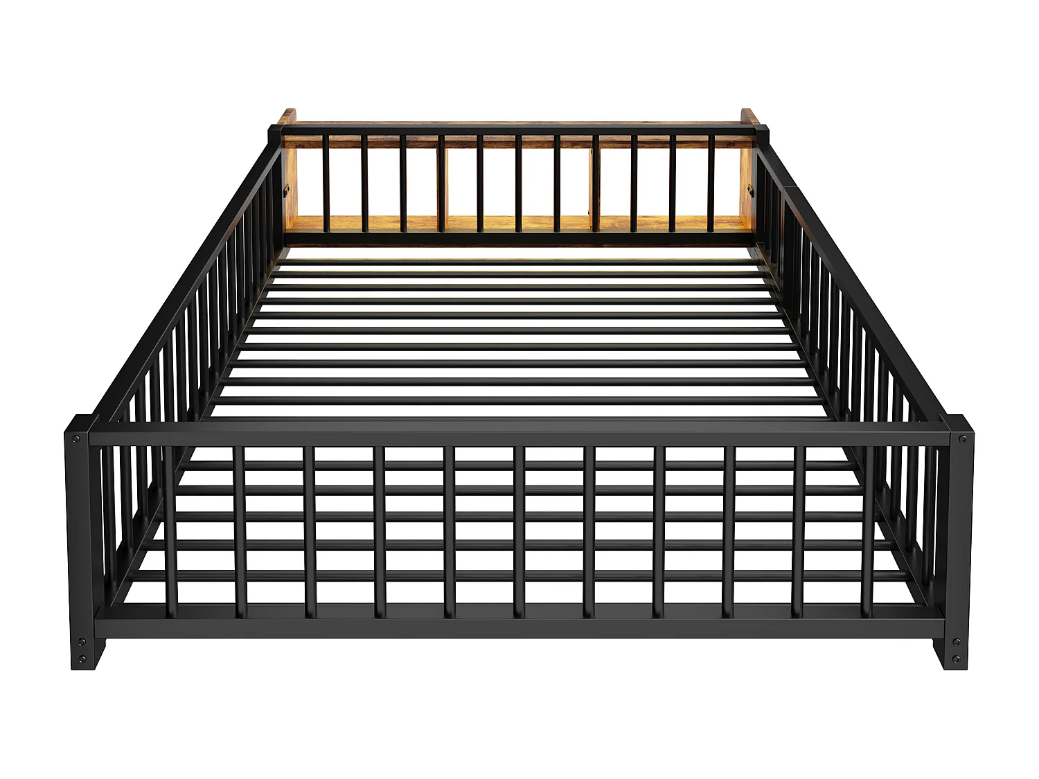 Flaches Metallbett für Kinder – 140 x 200 cm – mit Sicherheitsgitter, Stauraum und LED-Beleuchtung – MDF und Metall – schwarz