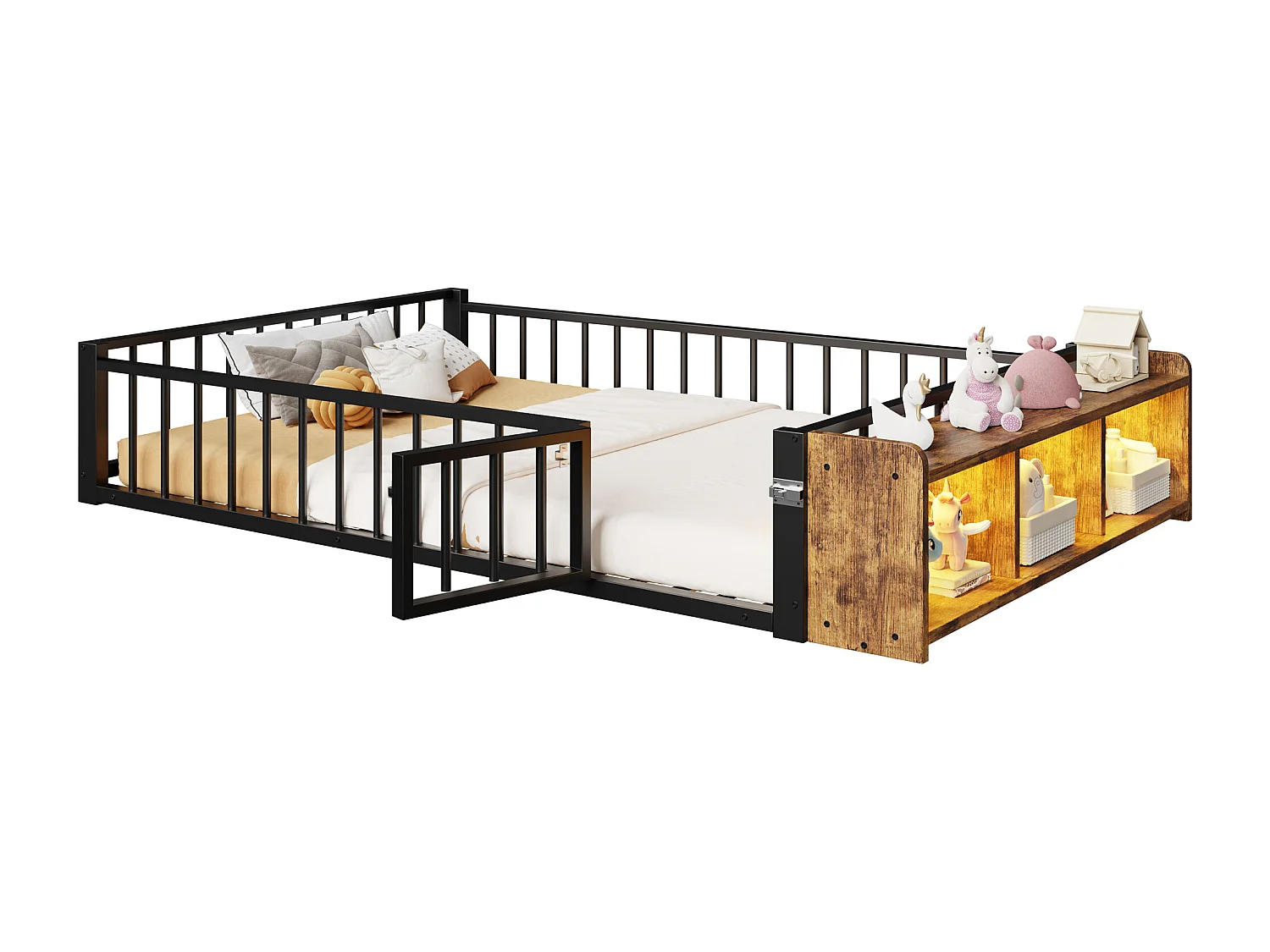 Flaches Metallbett für Kinder – 140 x 200 cm – mit Sicherheitsgitter, Stauraum und LED-Beleuchtung – MDF und Metall – schwarz