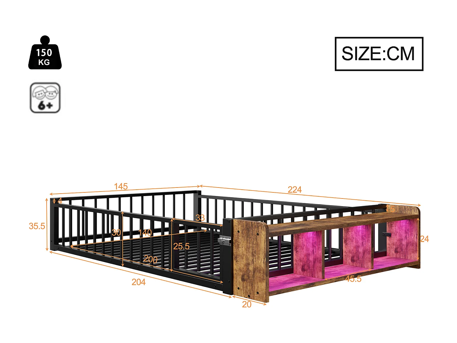 Flaches Metallbett für Kinder – 140 x 200 cm – mit Sicherheitsgitter, Stauraum und LED-Beleuchtung – MDF und Metall – schwarz