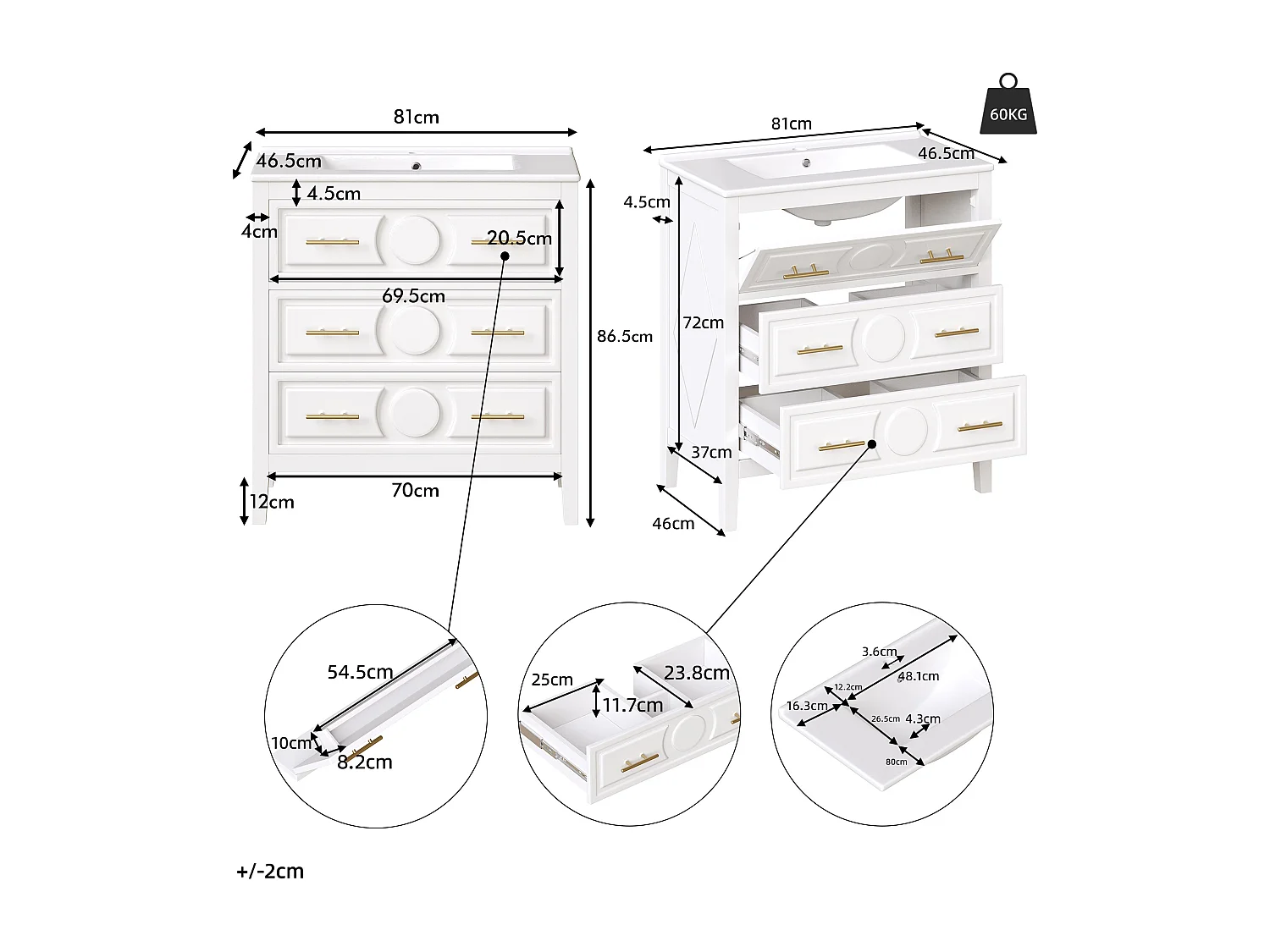 Meuble simple vasque en céramique - 81 x 46.5 x 86.5 cm - avec tiroirs - MDF - blanc