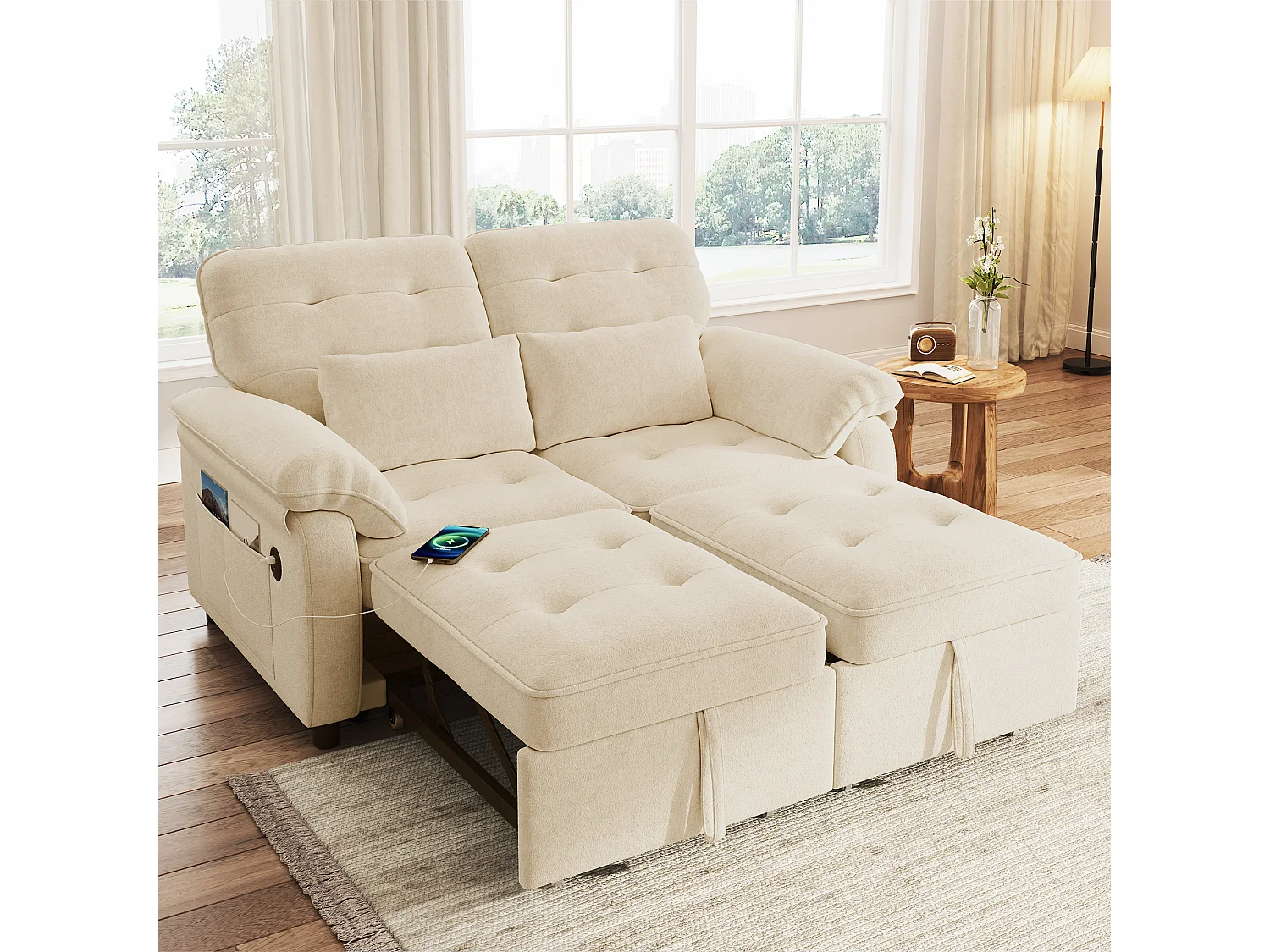 2-Sitzer-Schlafsofa (3-in-1) – 142 x 90 x 86,5 cm – mit verstellbarer Rückenlehne, USB-Anschluss und 2 Kissen – Chenille – Beige