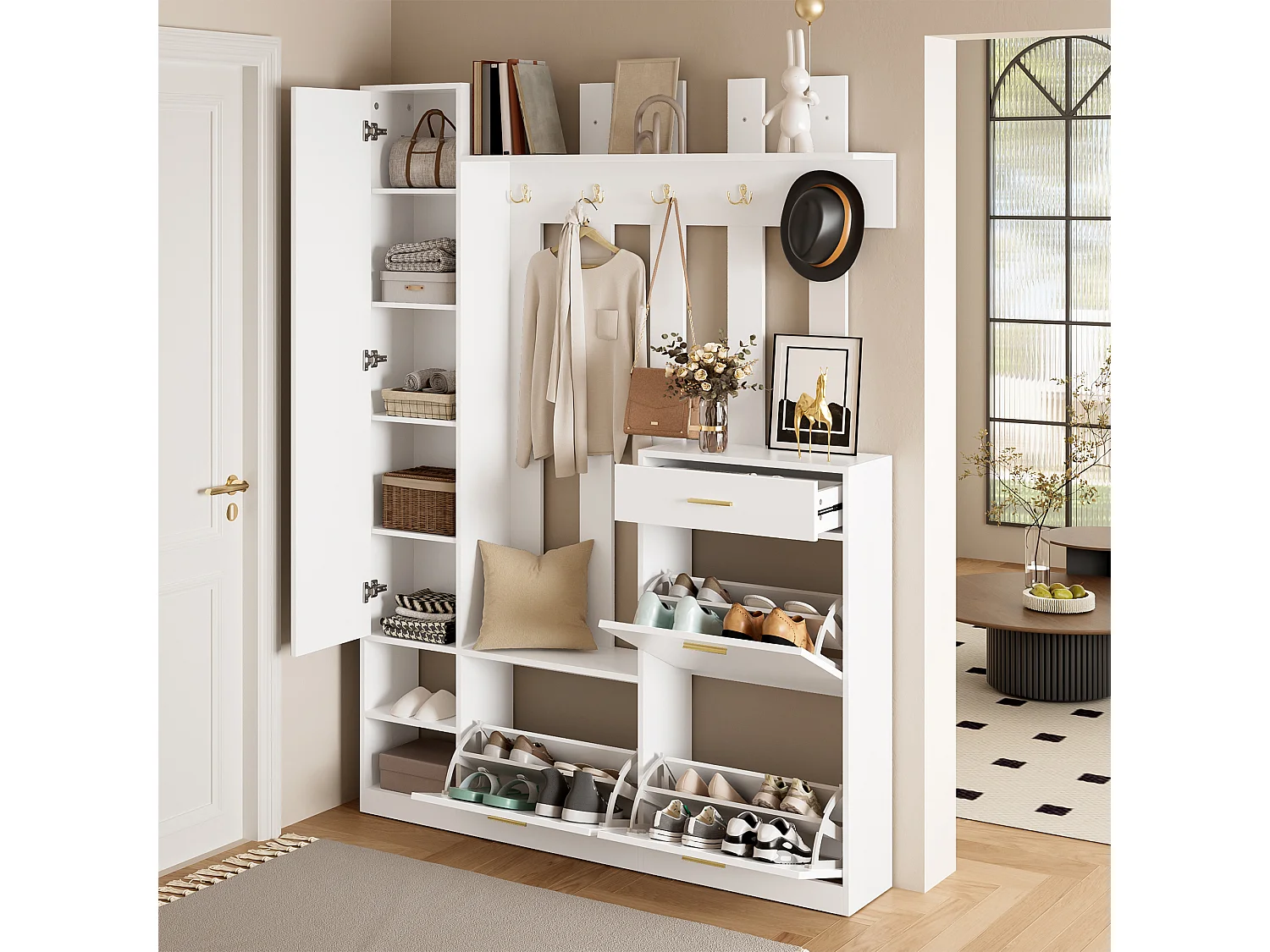 Garderobenständer für den Flur – 133 x 23,5 x 180 cm – mit Kleiderschrank, Spiegel, 3 Schuhablagen, Schublade und Haken – Spanplatte – weiß