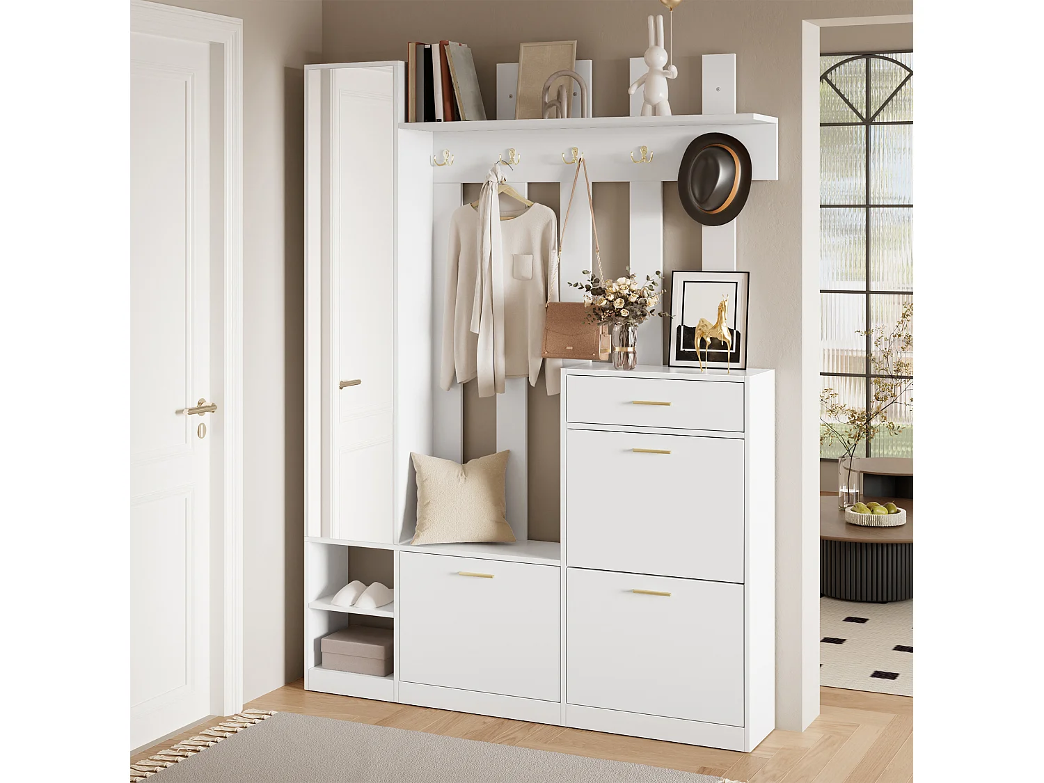 Garderobenständer für den Flur – 133 x 23,5 x 180 cm – mit Kleiderschrank, Spiegel, 3 Schuhablagen, Schublade und Haken – Spanplatte – weiß