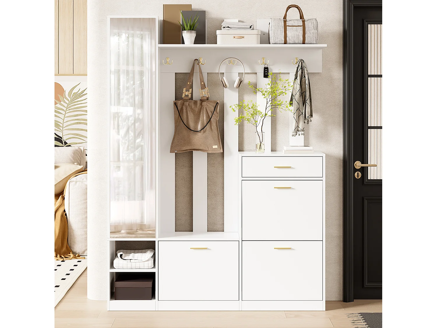 Garderobenständer für den Flur – 133 x 23,5 x 180 cm – mit Kleiderschrank, Spiegel, 3 Schuhablagen, Schublade und Haken – Spanplatte – weiß