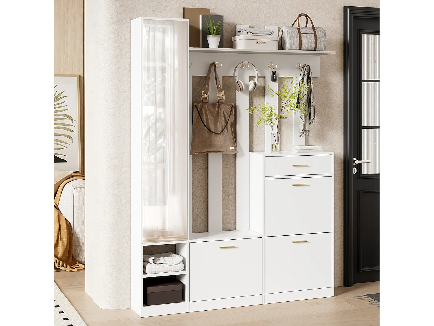 Garderobenständer für den Flur – 133 x 23,5 x 180 cm – mit Kleiderschrank, Spiegel, 3 Schuhablagen, Schublade und Haken – Spanplatte – weiß