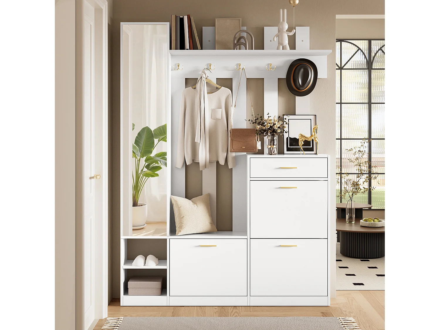 Garderobenständer für den Flur – 133 x 23,5 x 180 cm – mit Kleiderschrank, Spiegel, 3 Schuhablagen, Schublade und Haken – Spanplatte – weiß