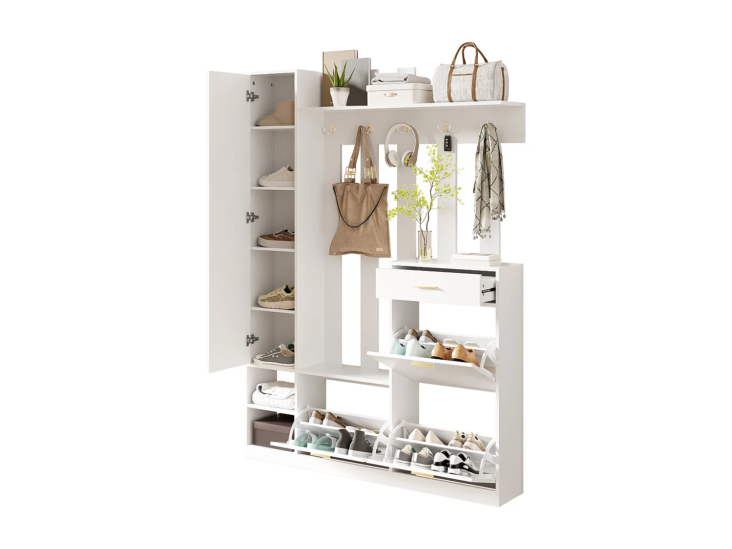 Garderobenständer für den Flur – 133 x 23,5 x 180 cm – mit Kleiderschrank, Spiegel, 3 Schuhablagen, Schublade und Haken – Spanplatte – weiß