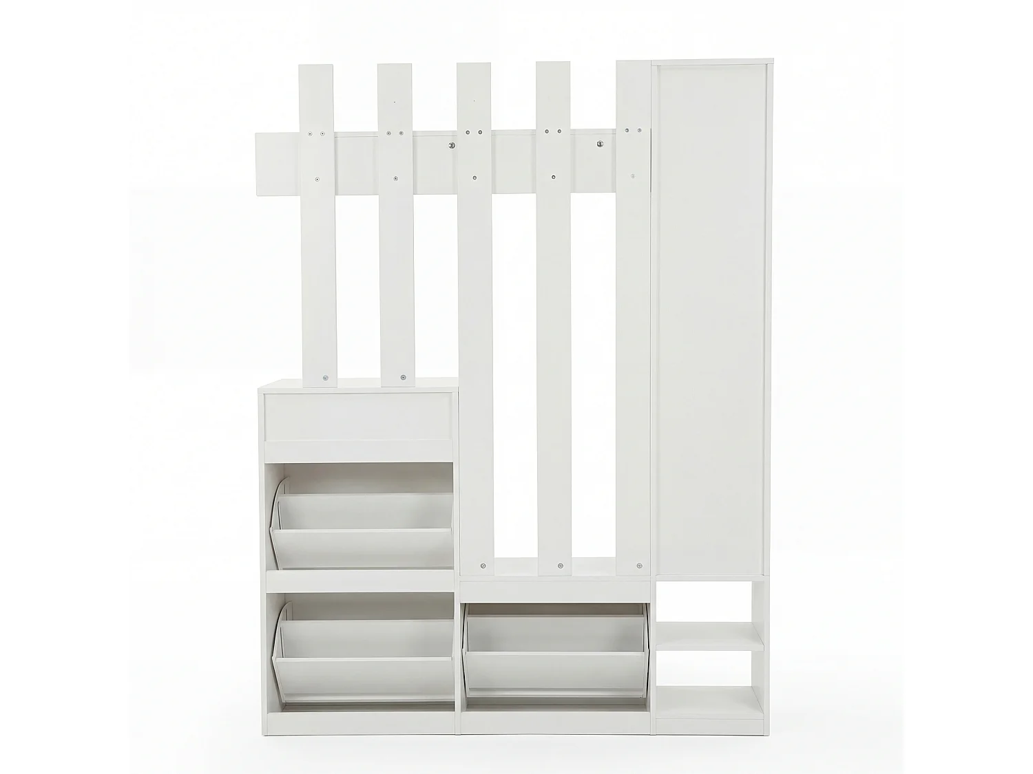 Garderobenständer für den Flur – 133 x 23,5 x 180 cm – mit Kleiderschrank, Spiegel, 3 Schuhablagen, Schublade und Haken – Spanplatte – weiß