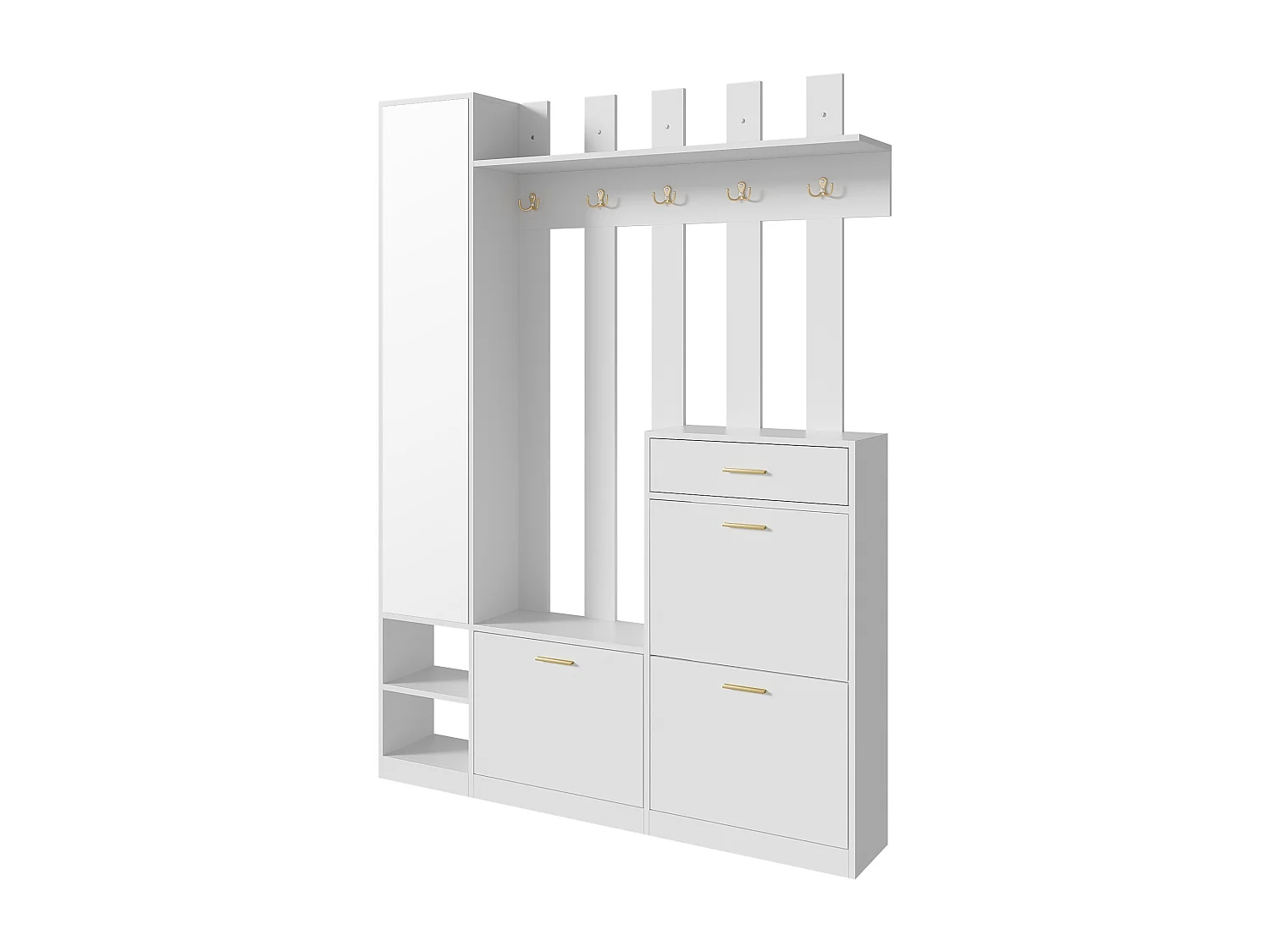 Garderobenständer für den Flur – 133 x 23,5 x 180 cm – mit Kleiderschrank, Spiegel, 3 Schuhablagen, Schublade und Haken – Spanplatte – weiß