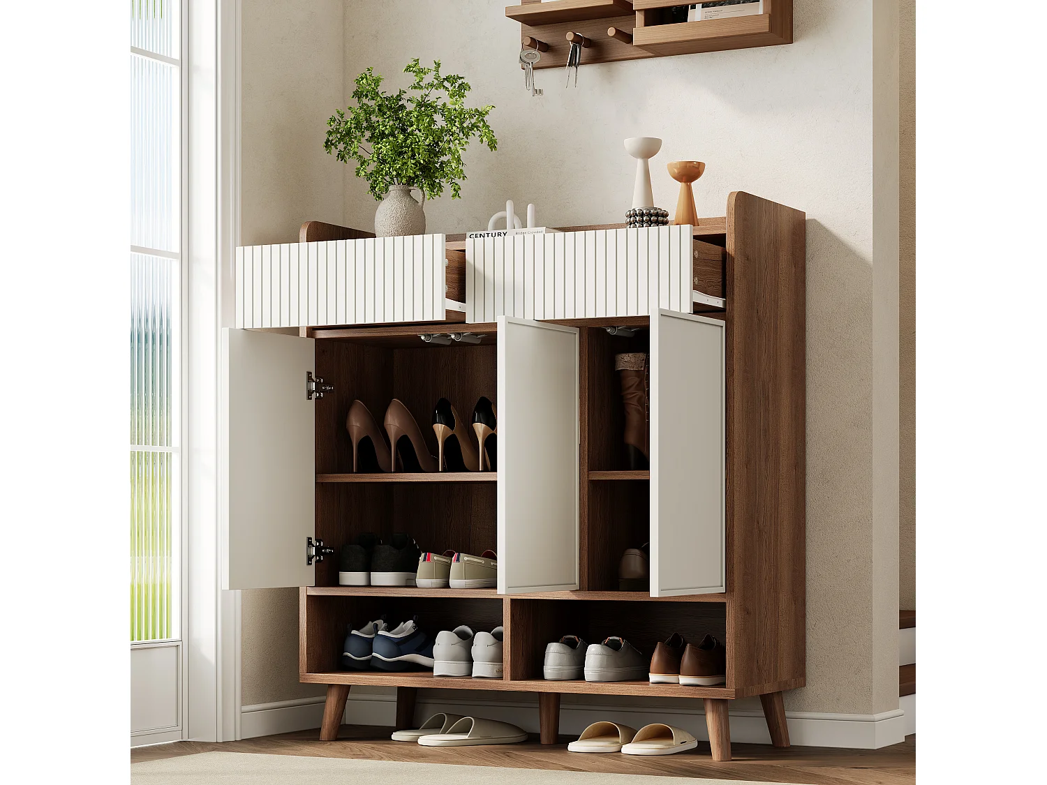 Schuhschrank für den Eingangsbereich – 90 x 35 x 100 cm – mit 3 Türen, 2 Schubladen und Einlegeböden – MDF und Spanplatte – weiß und natur