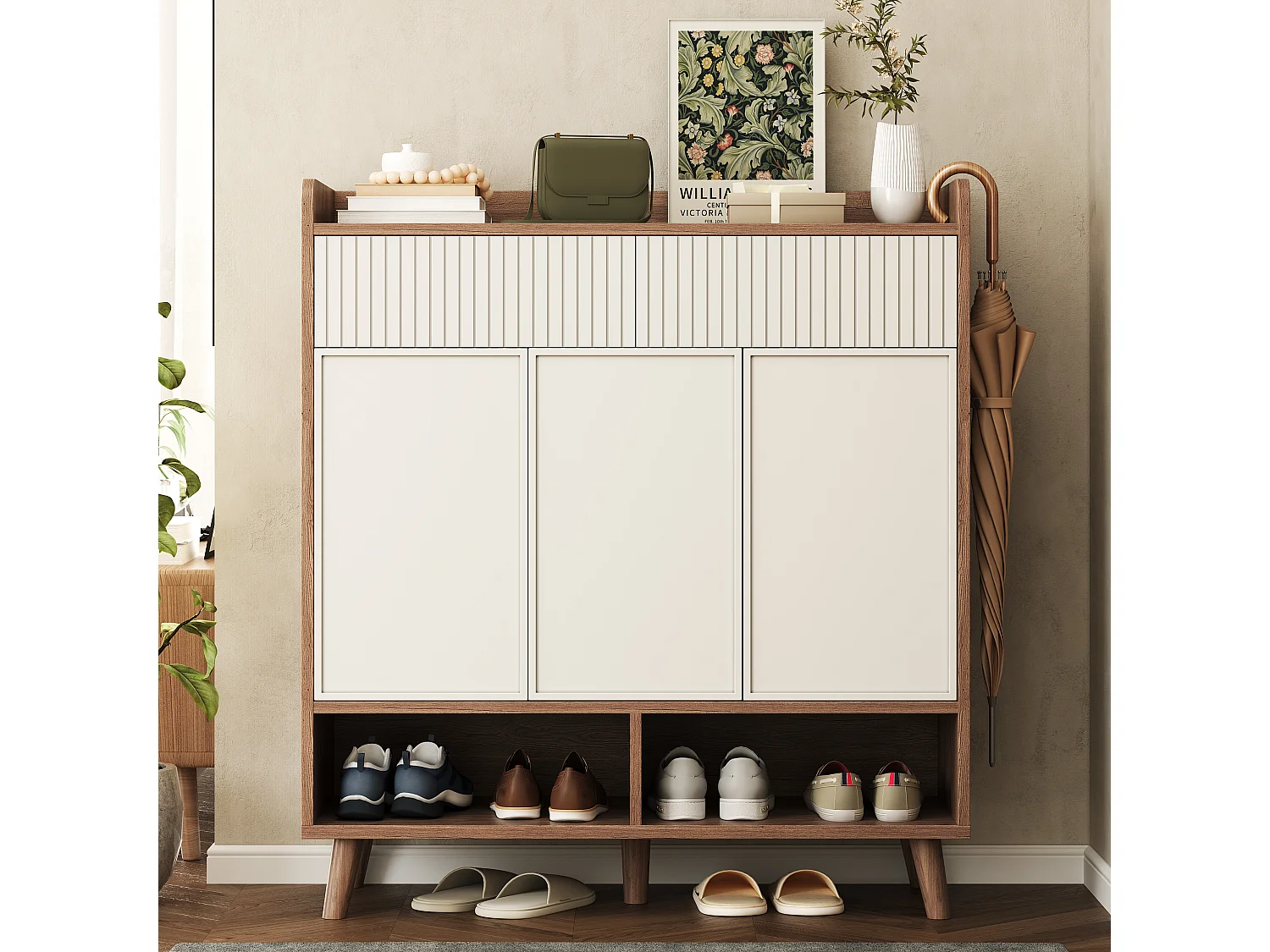 Schuhschrank für den Eingangsbereich – 90 x 35 x 100 cm – mit 3 Türen, 2 Schubladen und Einlegeböden – MDF und Spanplatte – weiß und natur