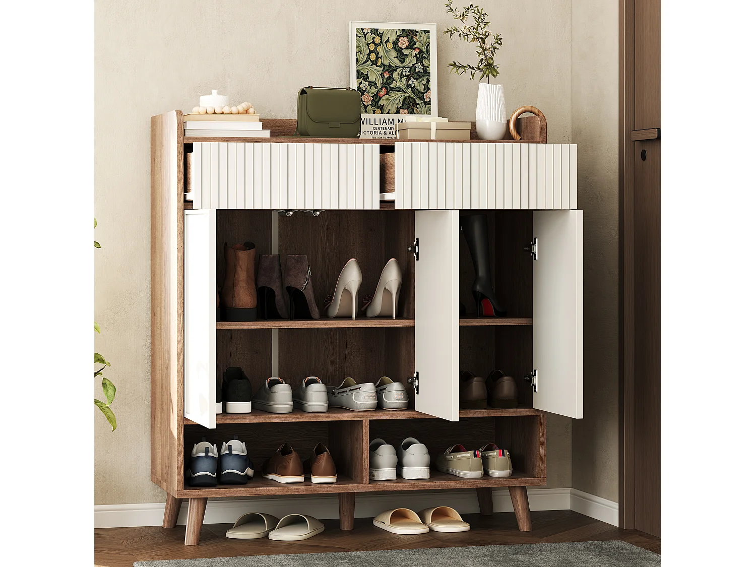 Schuhschrank für den Eingangsbereich – 90 x 35 x 100 cm – mit 3 Türen, 2 Schubladen und Einlegeböden – MDF und Spanplatte – weiß und natur