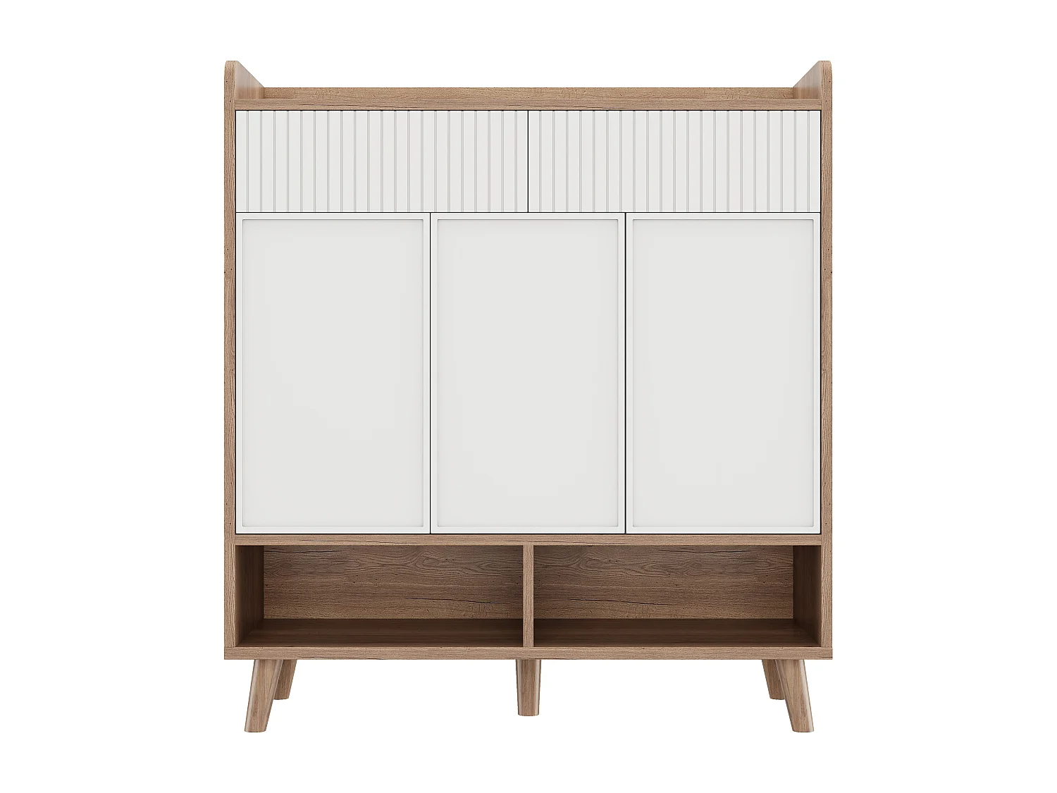 Schuhschrank für den Eingangsbereich – 90 x 35 x 100 cm – mit 3 Türen, 2 Schubladen und Einlegeböden – MDF und Spanplatte – weiß und natur